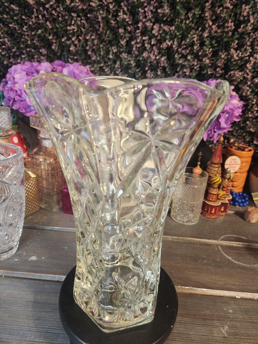 Large Pressed Glass Vase / Foral Or Star Pattern. No Chips or Breaks Vintage